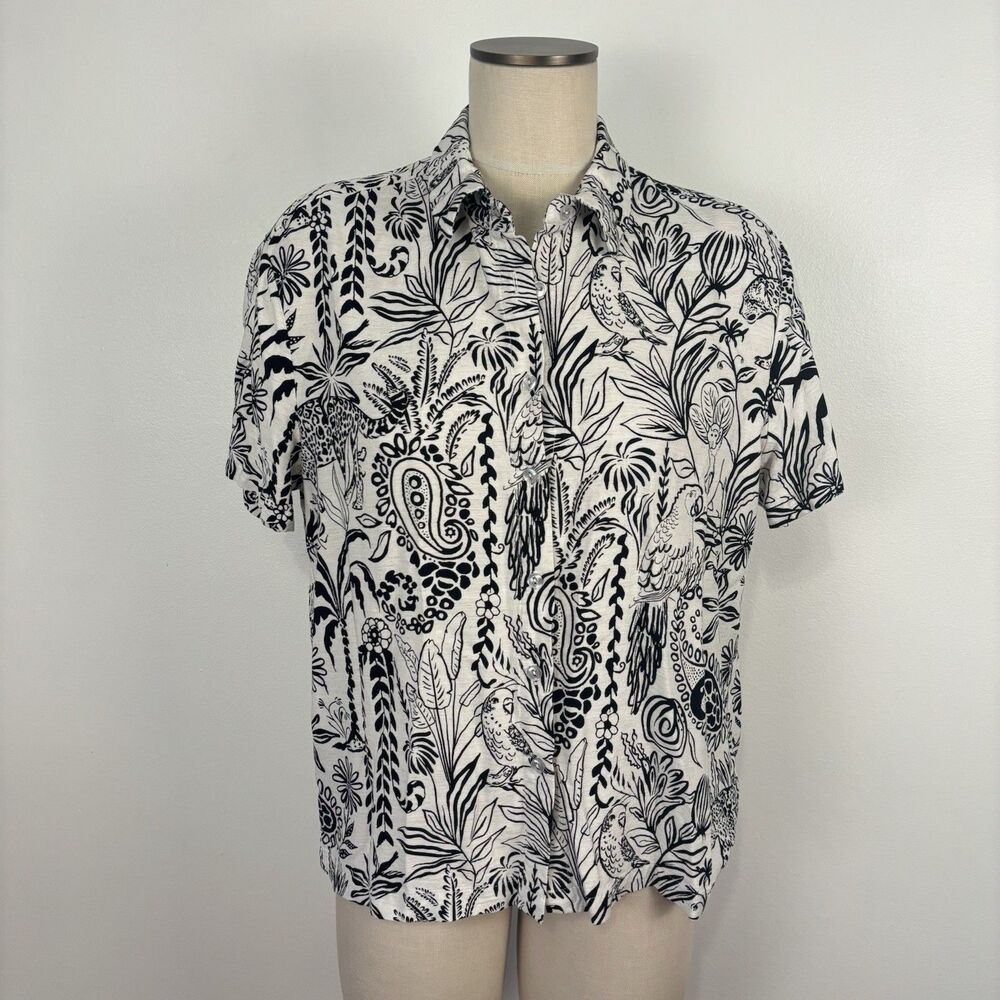 Jane & Delancey Black White Tropical Jungle Animal Print Short Sleeve Shirt Sz L